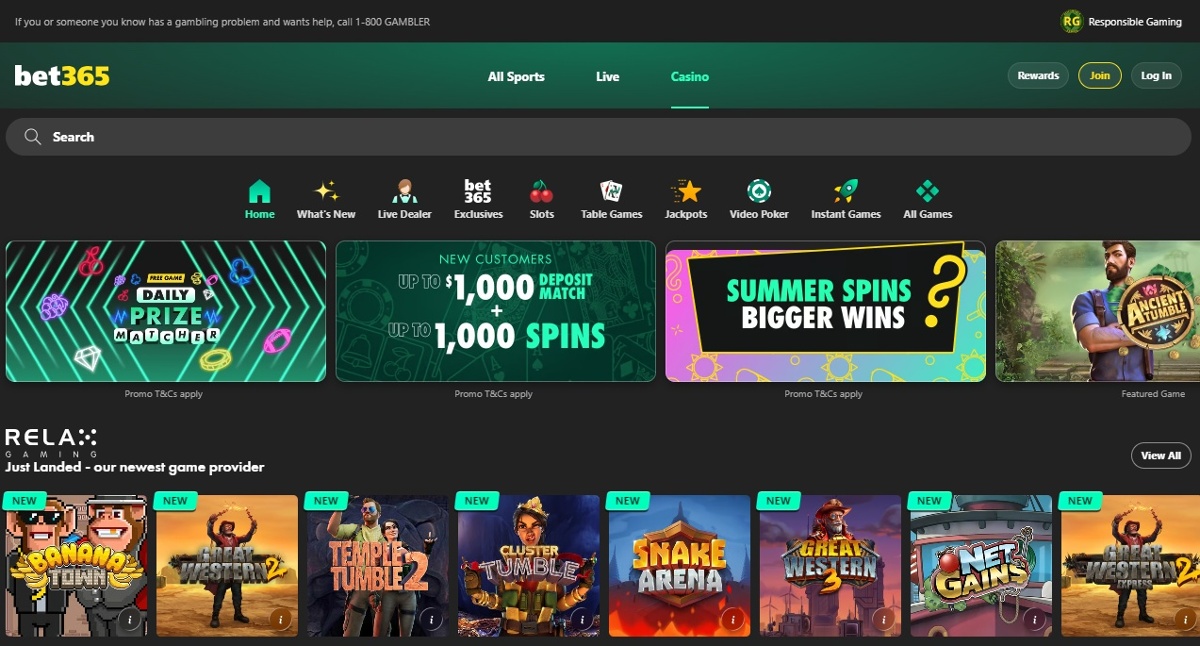bet365's New Jersey homepage showing game categories and bonus cards